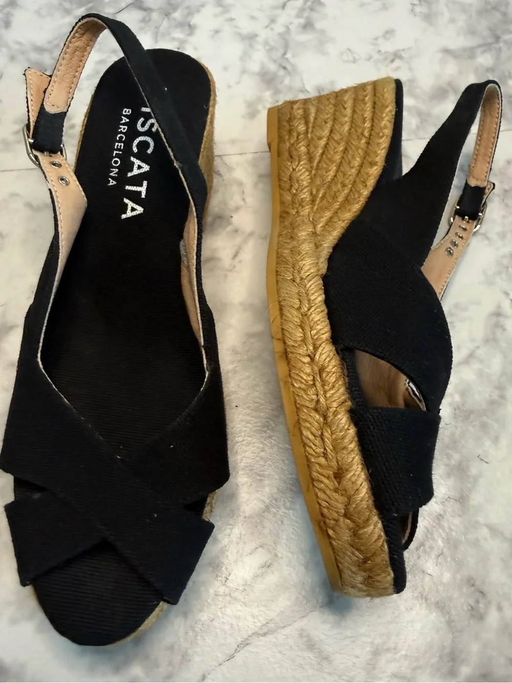 Viscata Barcelona Black Crisscross Espadrille Wedge Sandals Sz 8 1/2 made Spain
